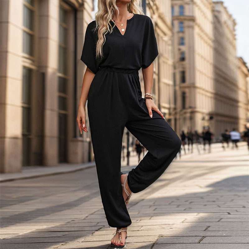 Women's Casual Jumpsuit with Waist Smocking, Short Batwing Sleeves and Elastic Ankle Cuffs Mune Fashion