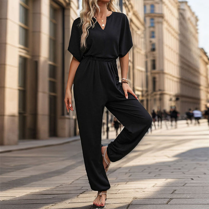 Women's Casual Jumpsuit with Waist Smocking, Short Batwing Sleeves and Elastic Ankle Cuffs Mune Fashion