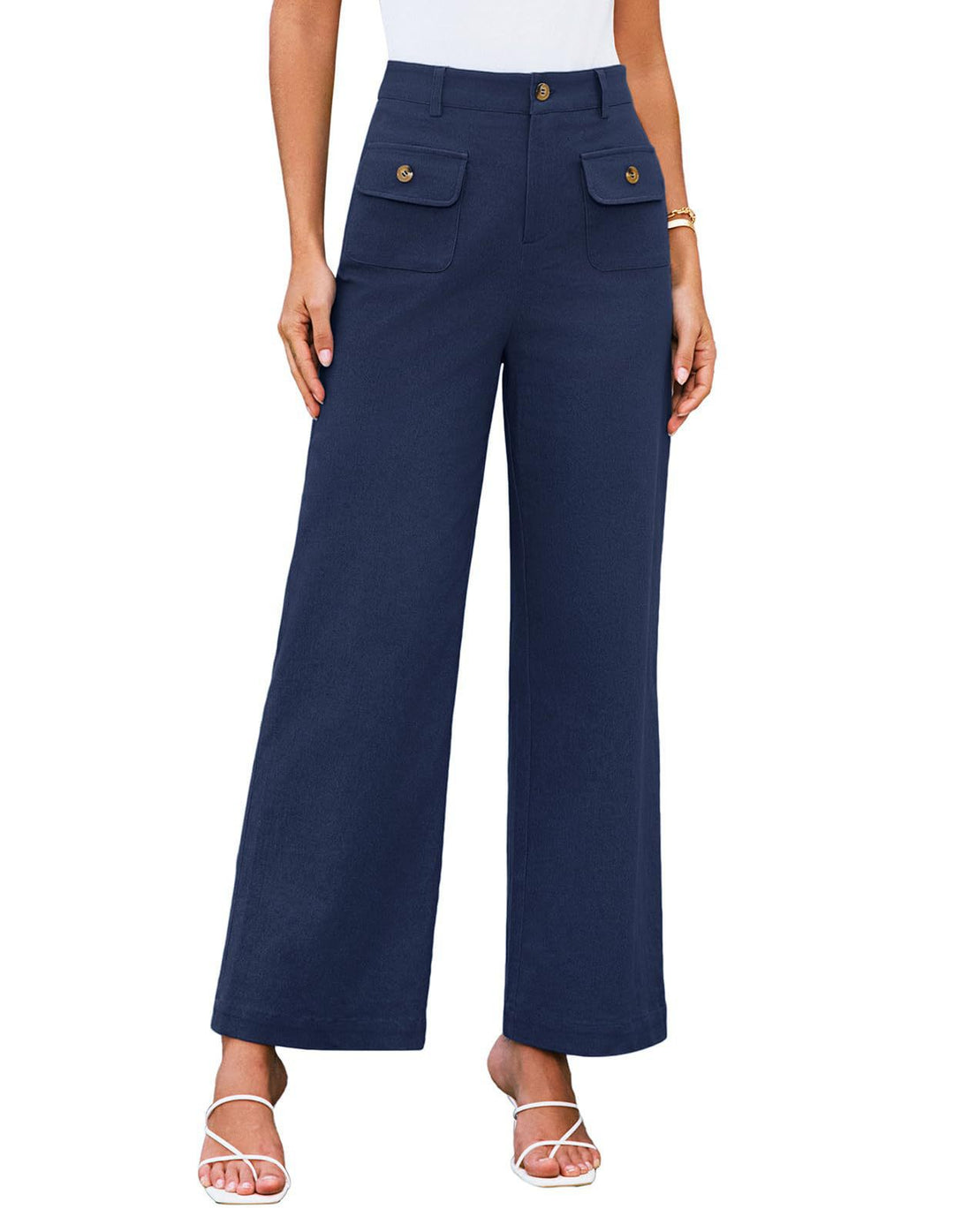 Women's High-Waist Wide-Leg Trousers with Button-Flap Patch Pockets Mune Fashion