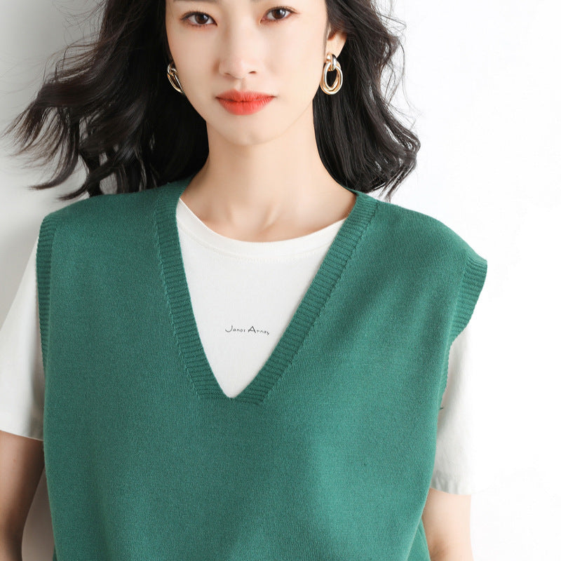 Women's Oversized V-neck Fine Knit Vest with Ribbed Hem Mune Fashion