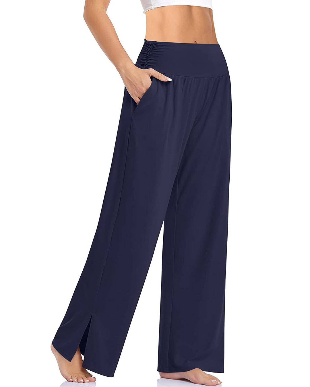 Women's wide Yoga pants with high comfort waistband, side pockets, and side leg slit Mune Fashion