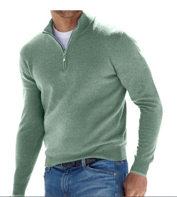 Men's Fine Knit Sweater with Short Zipper and Troyer Collar Mune Fashion