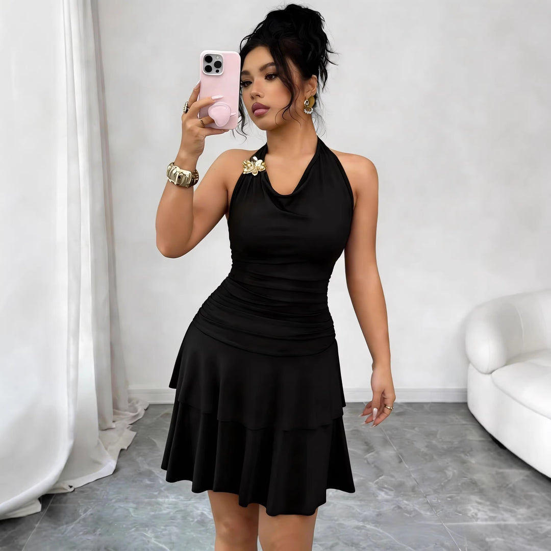 Ladies' halter mid dress with waterfall neckline, fitted gathering and tiered flounce skirt Mune Fashion