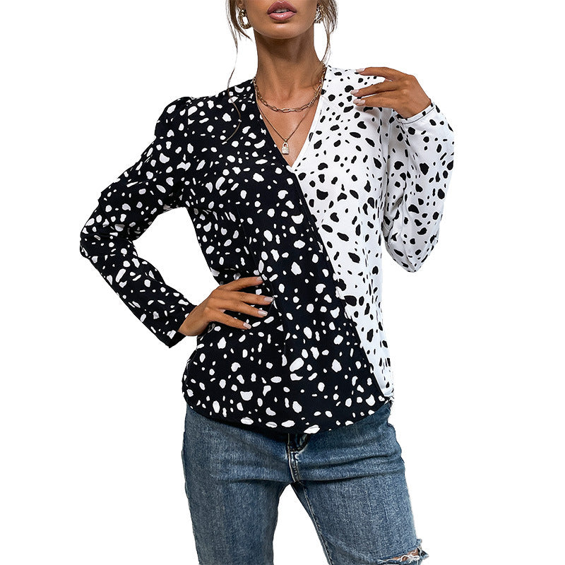 Ladies Light Long Sleeve Blouse with Diagonal Two-Color Look and Polka Dot Pattern Mune Fashion
