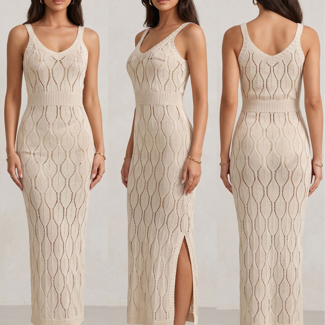 Ladies elegant knit maxi dress with side slits Mune Fashion