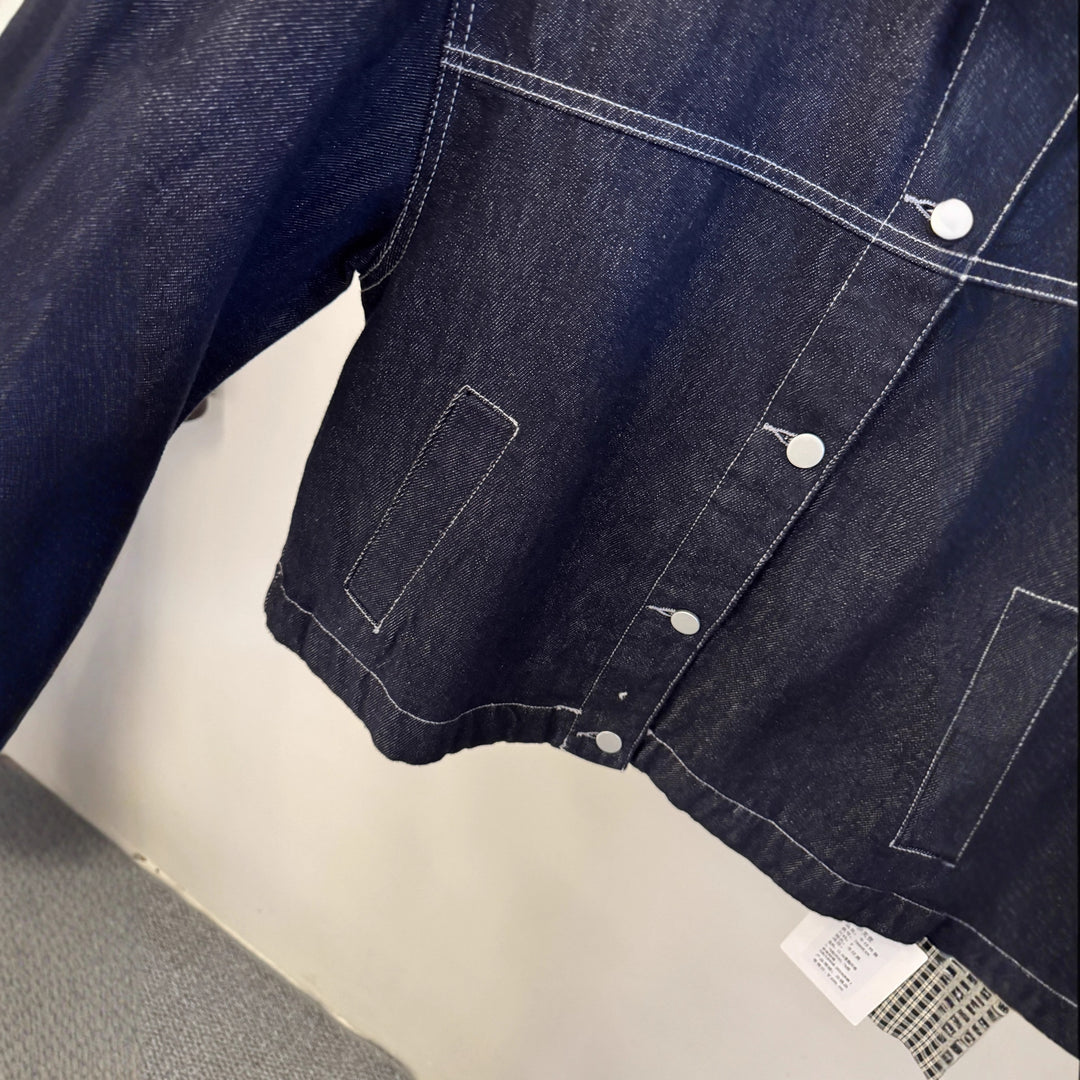 Women's Short Cut Denim Jacket with Contrasting Check Cuffs Mune Fashion