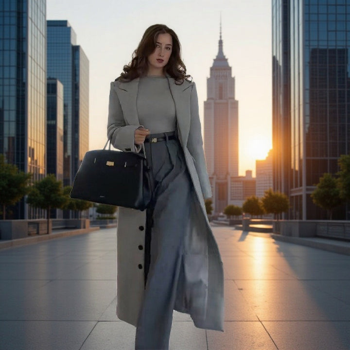 Women Longline Coat with tailored silhouette, structured lapel, and vent Mune Fashion