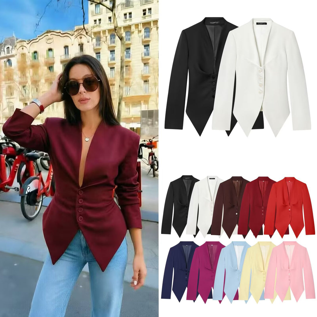 Women's Tailored Cropped Blazer with Pointed Hem and Deep V-Neck Mune Fashion