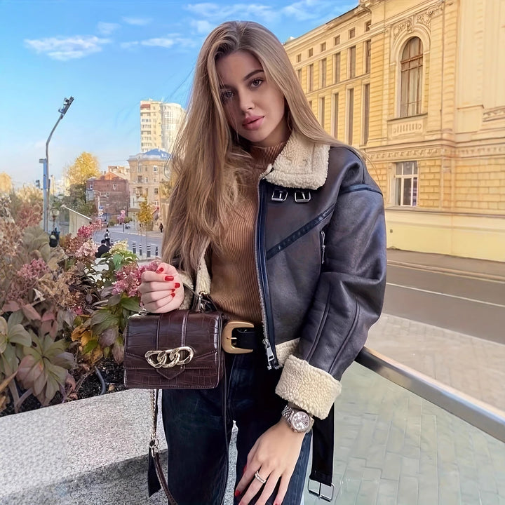 Women's trendy and stylish leather jacket with teddy lining