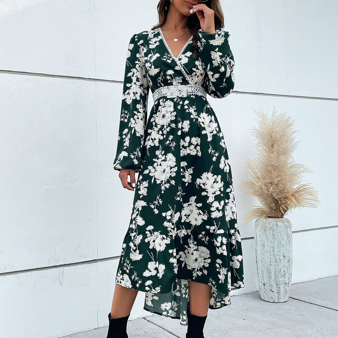 Women's Floral Midi Dress with V-Neck, Lace Trim and Waist-Defining Wrap Look Mune Fashion