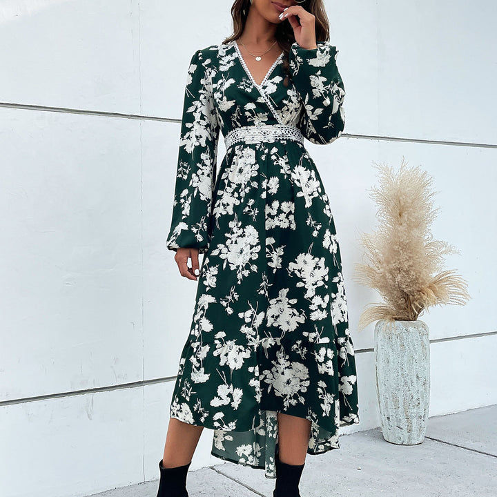Women's Floral Midi Dress with V-Neck, Lace Trim and Waist-Defining Wrap Look Mune Fashion