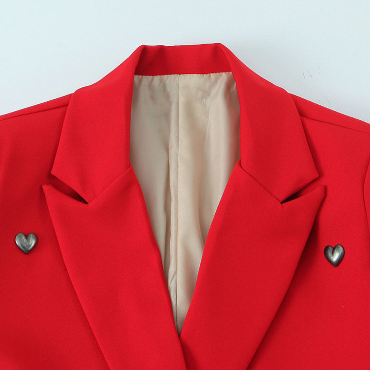 Women Tailored Double-Breasted Blazer with Heart Metal Applications and Flap Pockets Mune Fashion