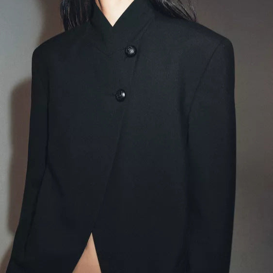 Women's Asymmetrical Short Blazer with Stand Collar and Decorative Buttons Mune Fashion