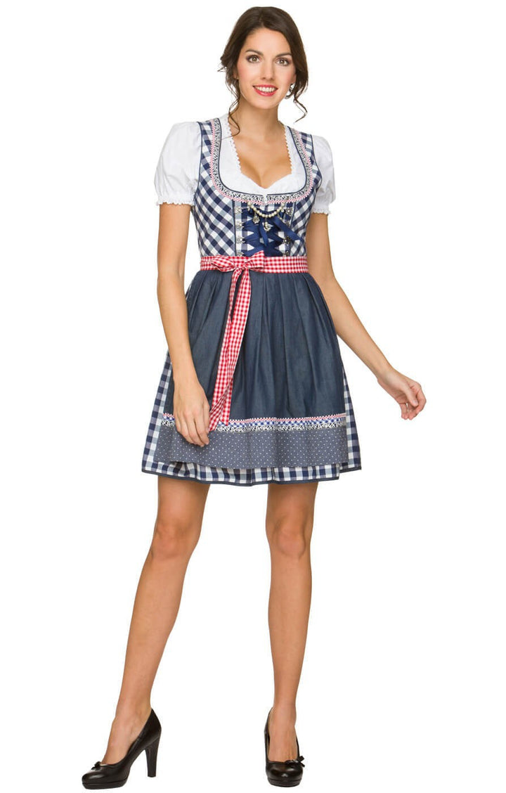 Ladies short traditional dirndl with heart-shaped neckline corset and checkered apron Mune Fashion