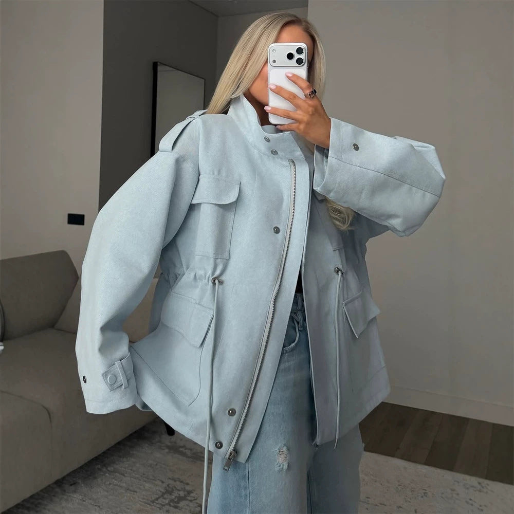 Women's Oversized Utility Jacket with Drawstring Waist, High Stand Collar, and Flap Pockets