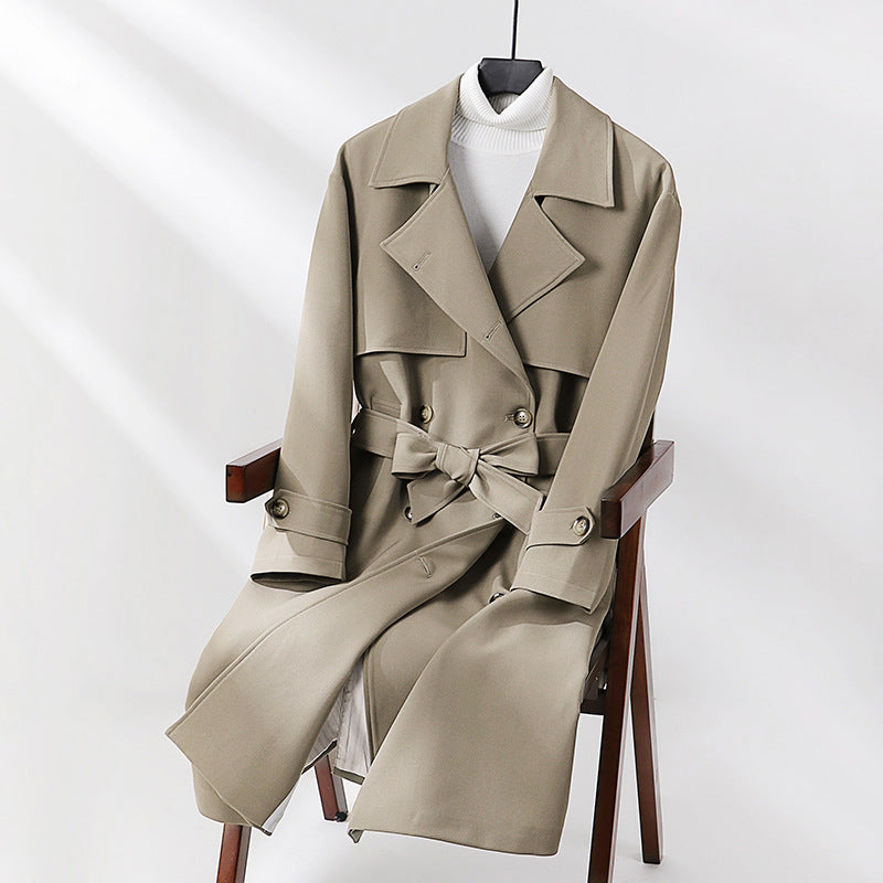 Women Long Tailored Trench Coat with Wide Shawl Collar and Tie Belt Mune Fashion