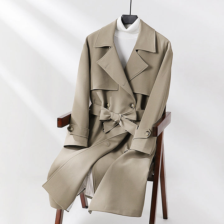 Women Long Tailored Trench Coat with Wide Shawl Collar and Tie Belt Mune Fashion