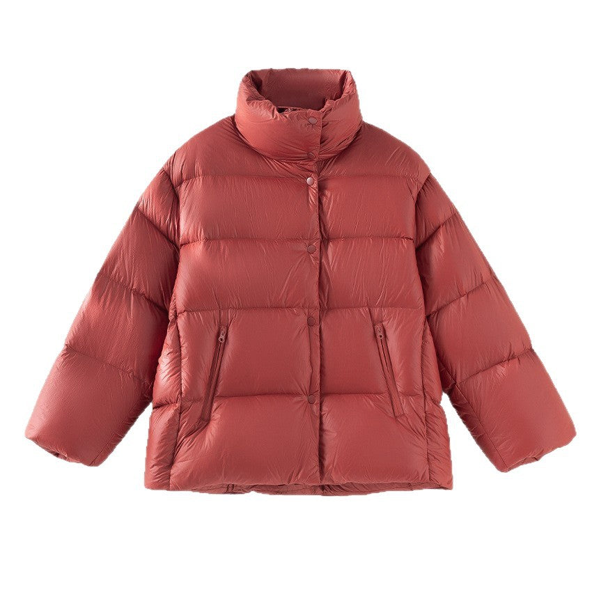 Women's short quilted down jacket with high stand-up collar, boxy silhouette and snap buttons Mune Fashion