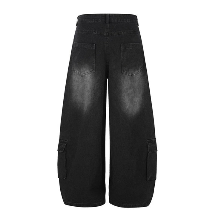 Women's High-Cut Wide Cargo Palazzo Jeans with Large Patch Pockets and Vintage Wash Mune Fashion