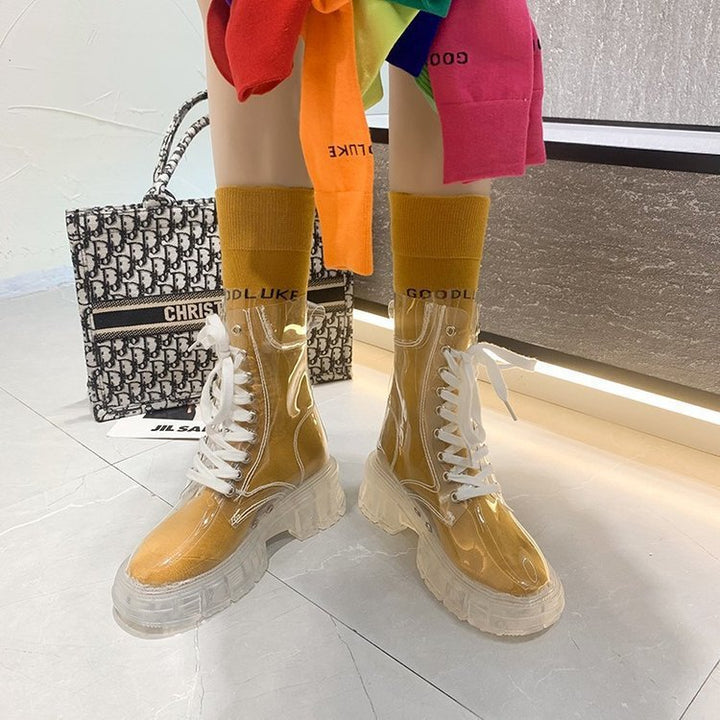 Women's transparent platform ankle boots with sock-like knitted shaft and tread sole Mune Fashion