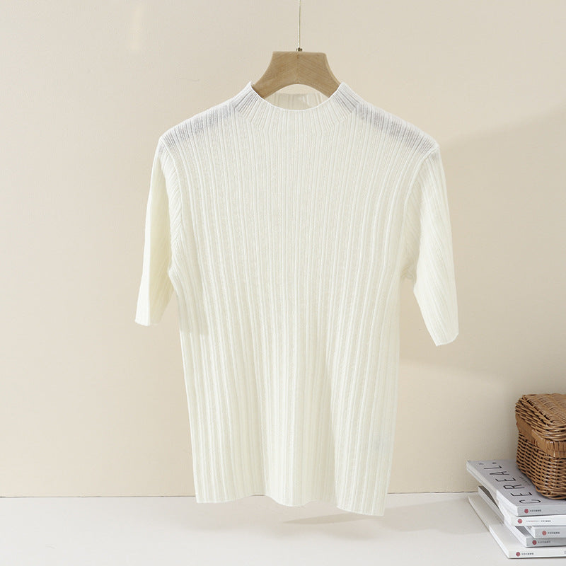 Ladies Fine Ribbed Short Sleeve Fine Knit Top with Stand Collar Mune Fashion