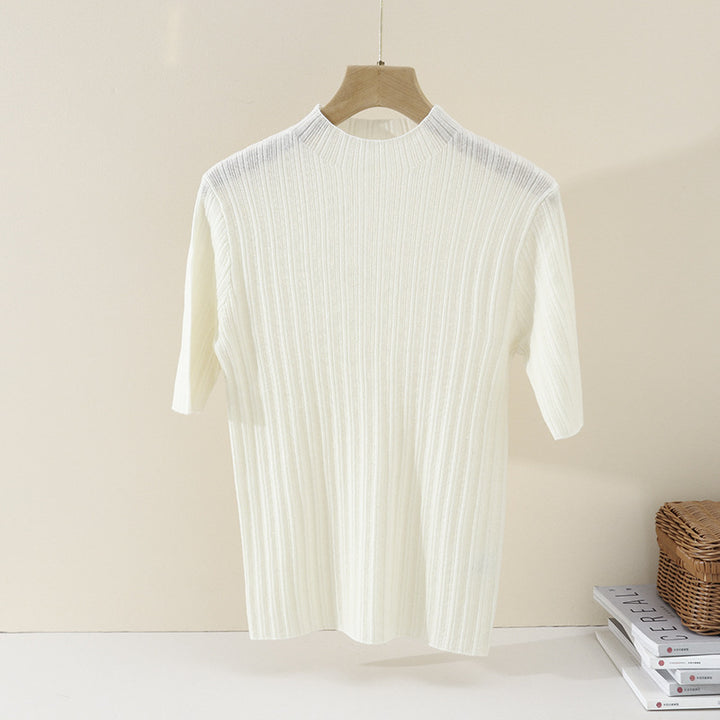Ladies Fine Ribbed Short Sleeve Fine Knit Top with Stand Collar Mune Fashion