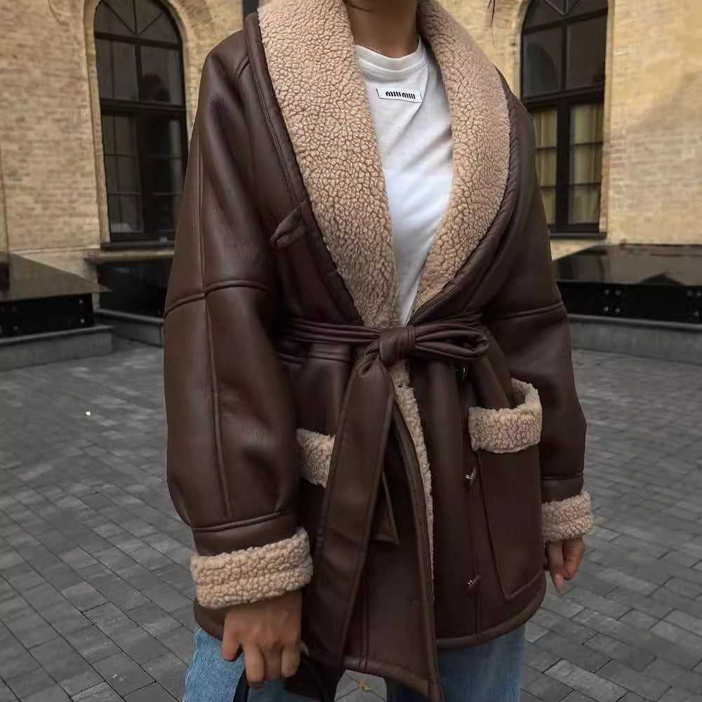 Ladies Short Teddy Coat with Tie Belt and Shawl Collar Mune Fashion