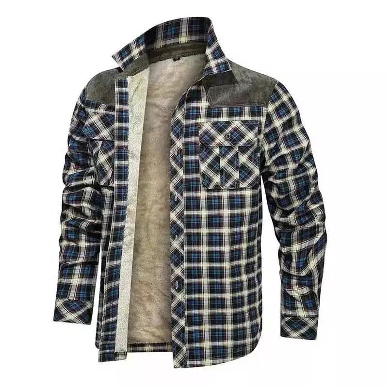 Men's padded check shirt jacket with teddy fleece lining, chest flap pockets and shoulder patches Mune Fashion