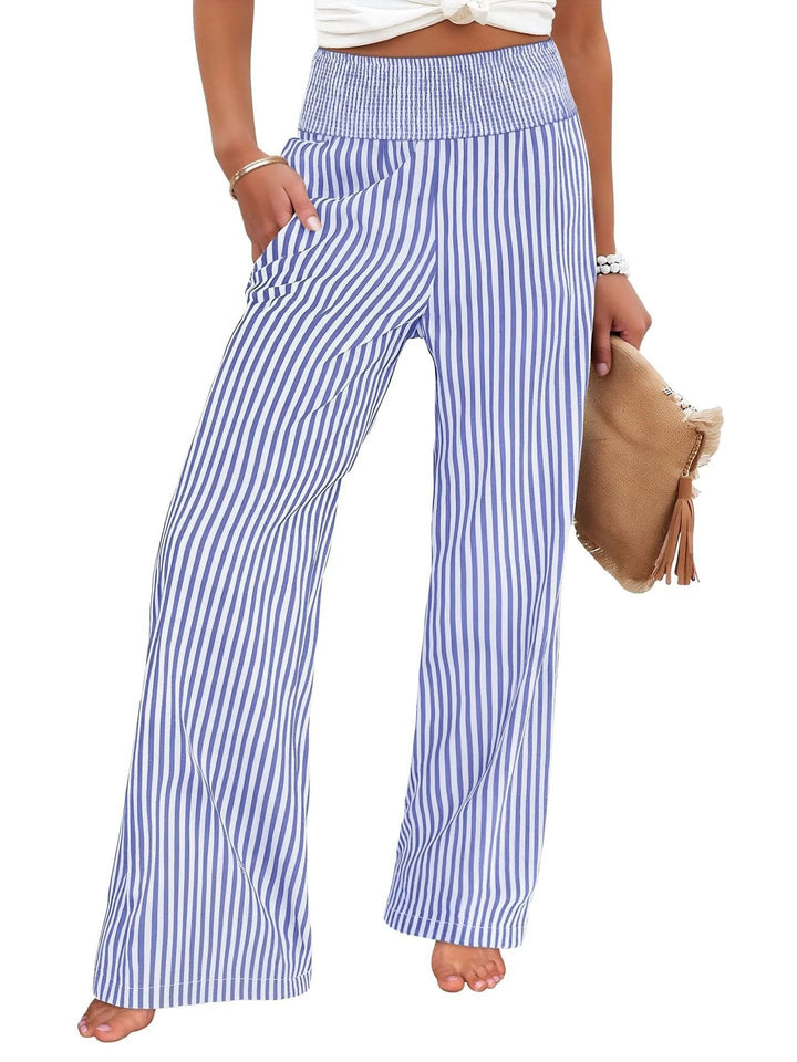 Women's Striped Palazzo Pants with High Ruffled Waist and Wide Leg Mune Fashion
