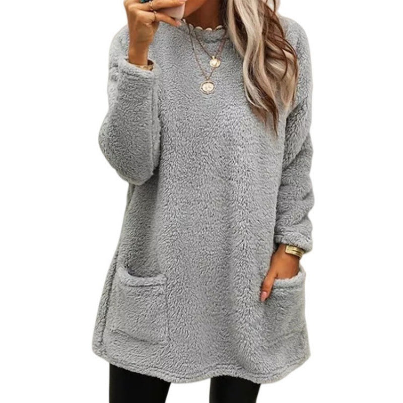 Women's cozy long teddy sweater oversized with round neck and slit pockets Mune Fashion