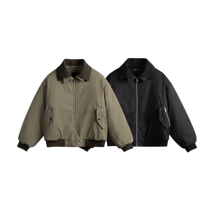 Men's Short Boxy Insulated Field Bomber Jacket with Contrasting Knit Collar and Diagonal Zip Pockets Mune Fashion