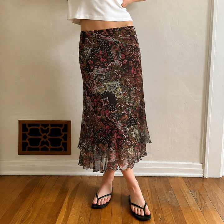 Women Chiffon Midi Skirt with Layered Ruffle, Paisley Print and Asymmetrical Hem Mune Fashion