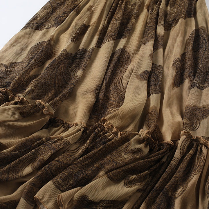 Women's maxi skirt made of chiffon with pleats, elastic waistband, and ruffled hem Mune Fashion