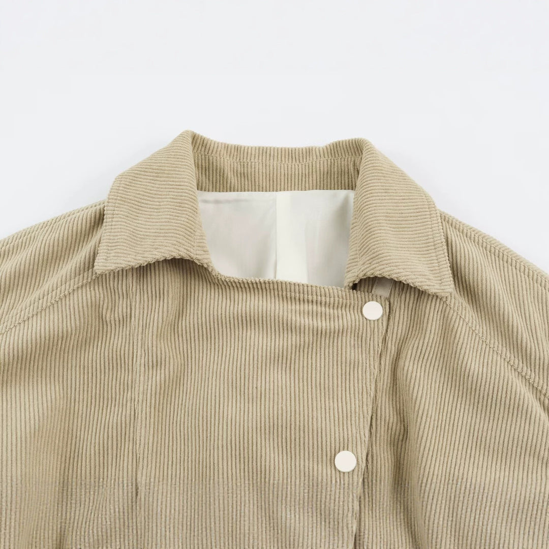 Women's fine cord jacket with waist belt and asymmetrical snap button placket Mune Fashion