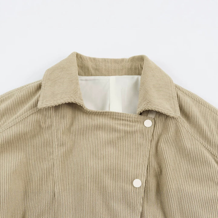 Women's fine cord jacket with waist belt and asymmetrical snap button placket Mune Fashion