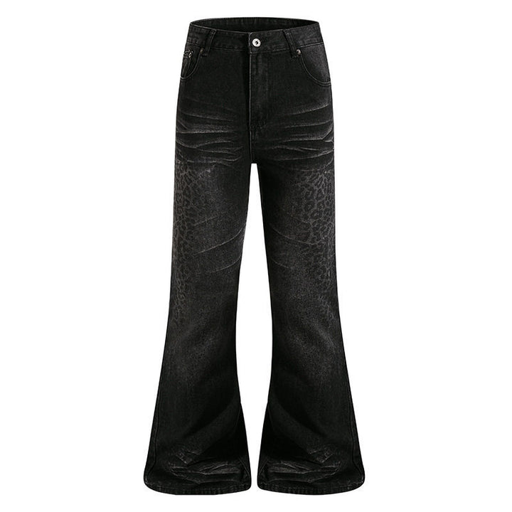 Women's High-Cut Flared Jeans with Subtle Leo Print and Used Wash Mune Fashion