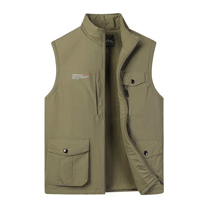 Men's Lightweight Fleece-Lined Outdoor Vest with Multiple Pockets and Stand Collar Mune Fashion