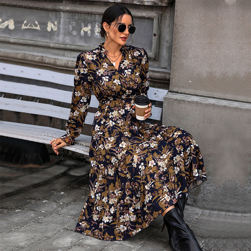 Women's Flowing Floral Midi Dress with V-Neck, Smocked Waistband, and Tiered Skirt Mune Fashion