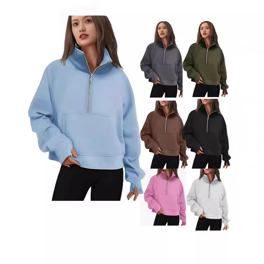 Women's short half-zip sweater with high stand collar, kangaroo pocket, and extended thumbholes Mune Fashion