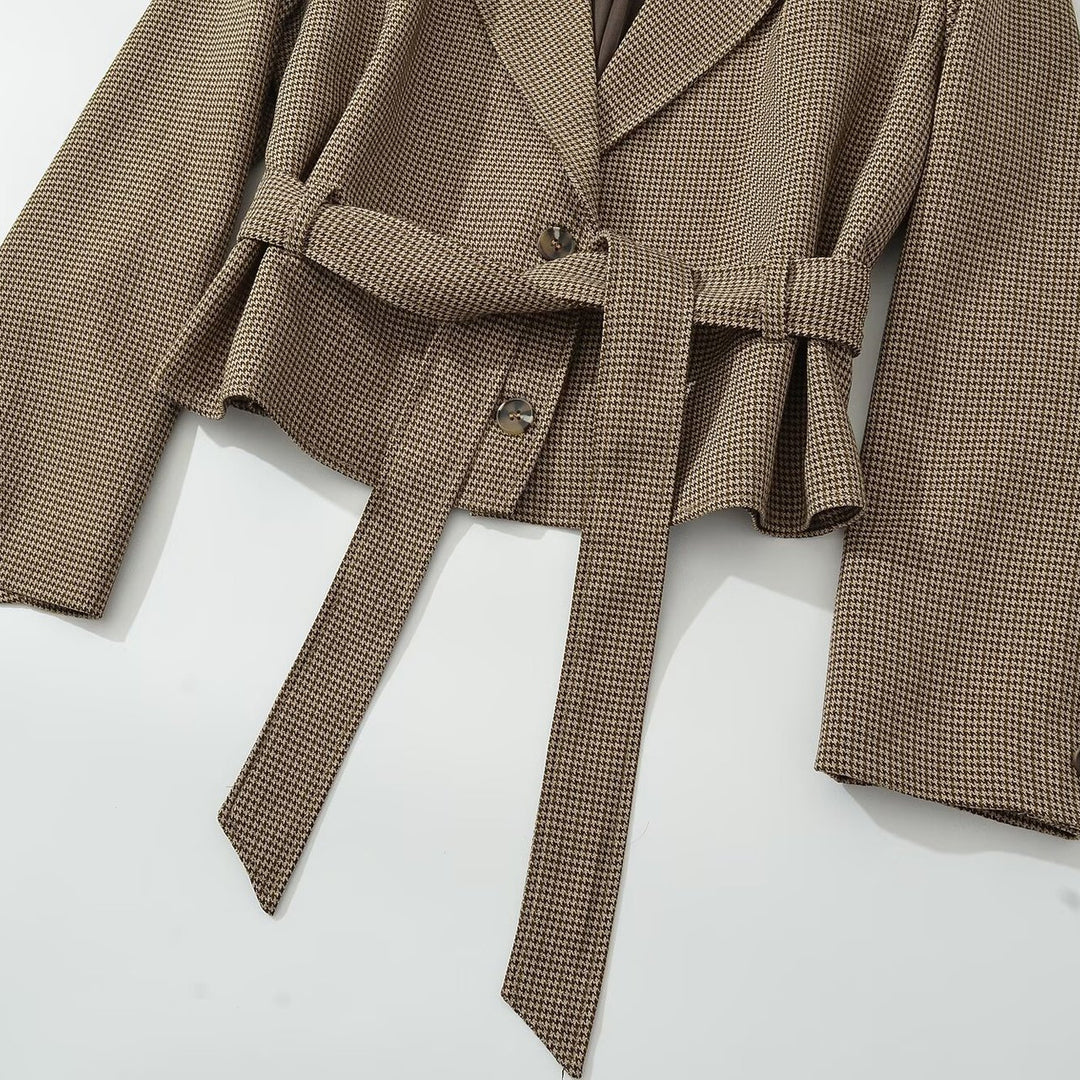 Women's Short Blazer with Tailoring Tie Belt and Houndstooth Pattern Mune Fashion