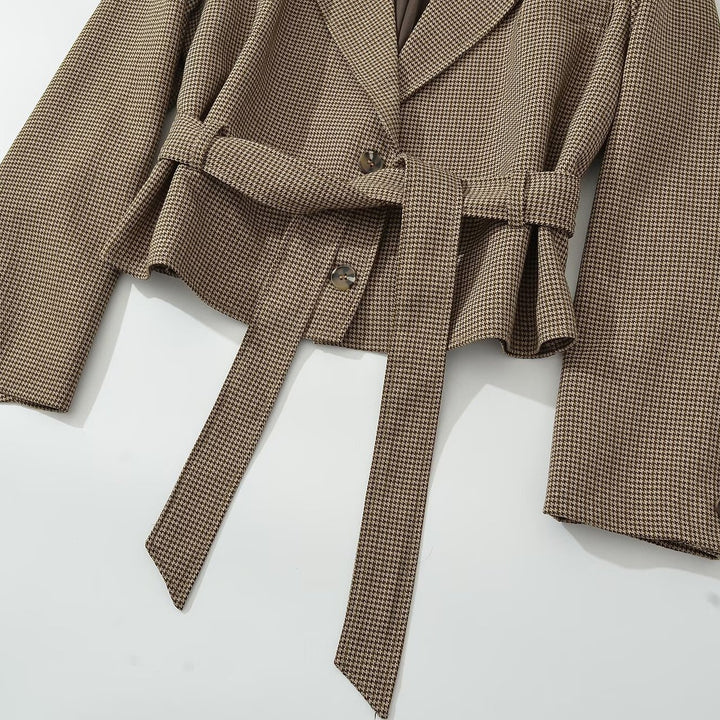 Women's Short Blazer with Tailoring Tie Belt and Houndstooth Pattern Mune Fashion