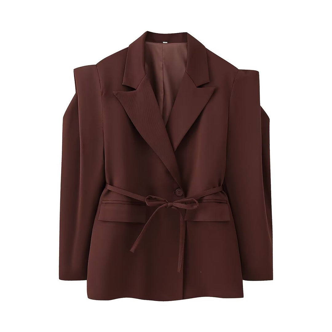 Women's Tailored One-Button Blazer with Tied Belt and Shoulder Cut-Out Mune Fashion