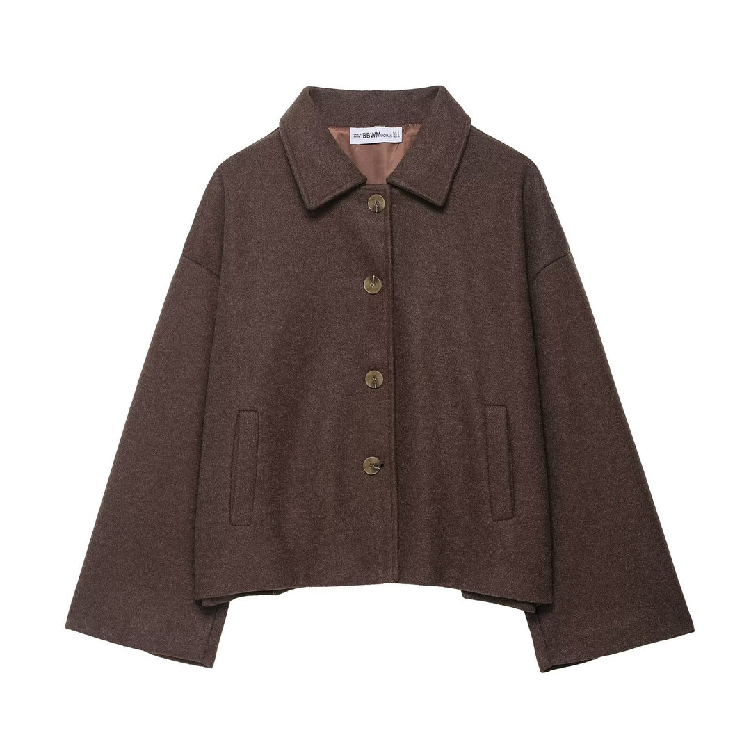Women's short casual wool jacket with shirt collar, full button placket, and inset side pockets Mune Fashion