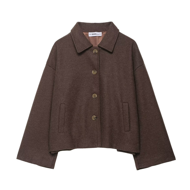 Women's short casual wool jacket with shirt collar, full button placket, and inset side pockets Mune Fashion