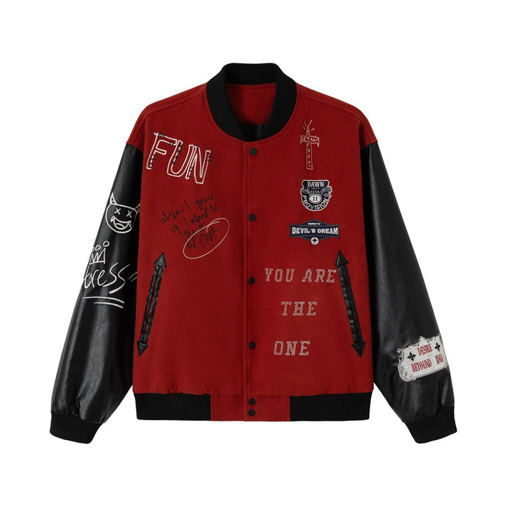 Unisex Varsity Bomber Jacket in College Look with Wool Blend Body and Faux Leather Sleeves Mune Fashion