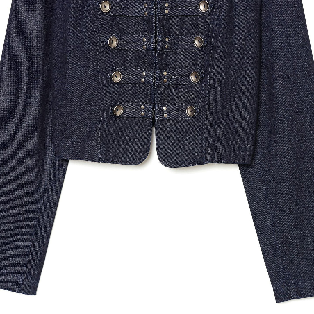 Women's Cropped Denim Military Jacket with Stand Collar and Decorative Button Placket Mune Fashion
