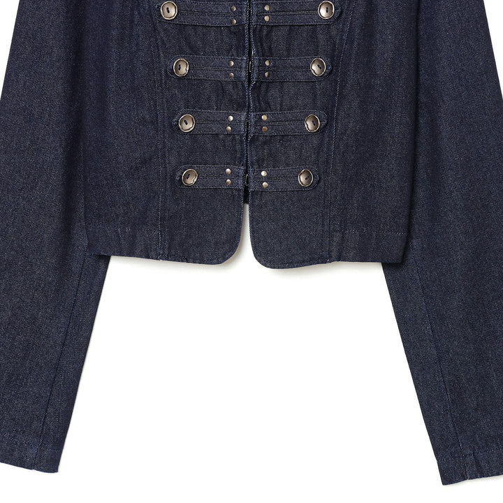 Women's Cropped Denim Military Jacket with Stand Collar and Decorative Button Placket Mune Fashion