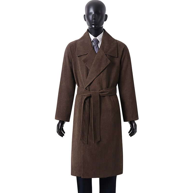 Men's Long Wool Coat with Tie Belt and Wide Lapels Mune Fashion