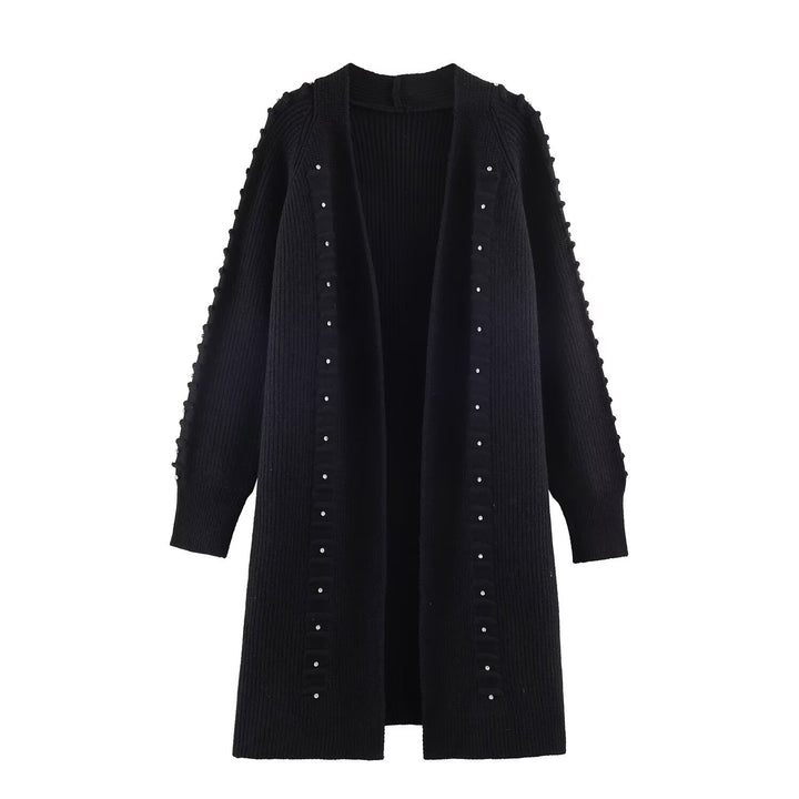Women Longline Knit Cardigan with Pearl Trim and Ribbed Cuffs Mune Fashion