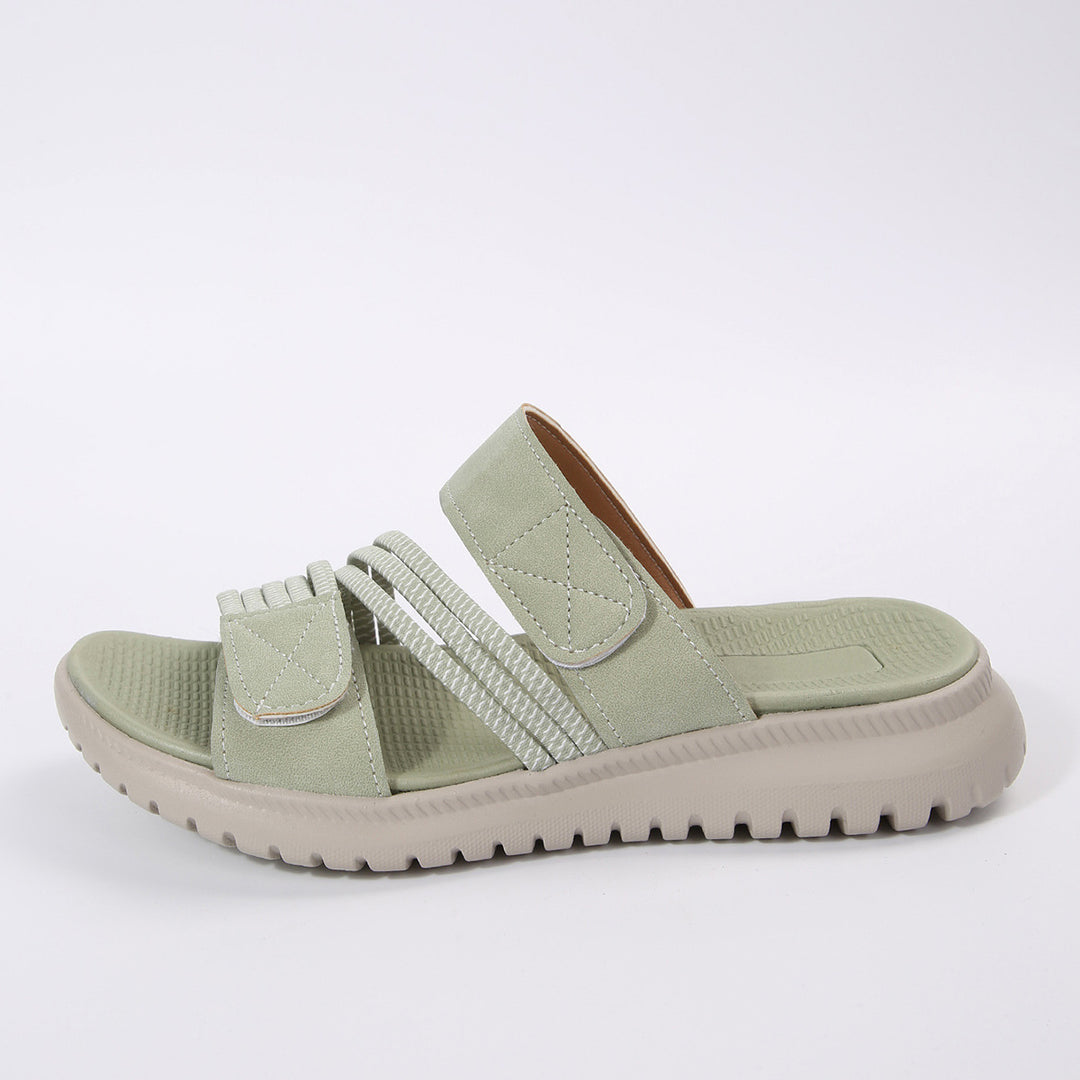 Damen Komfort-Pantolette mit verstellbaren Klettriemen, elastischen Zierbändern und stoßdämpfender Profilsohle Mune Fashion